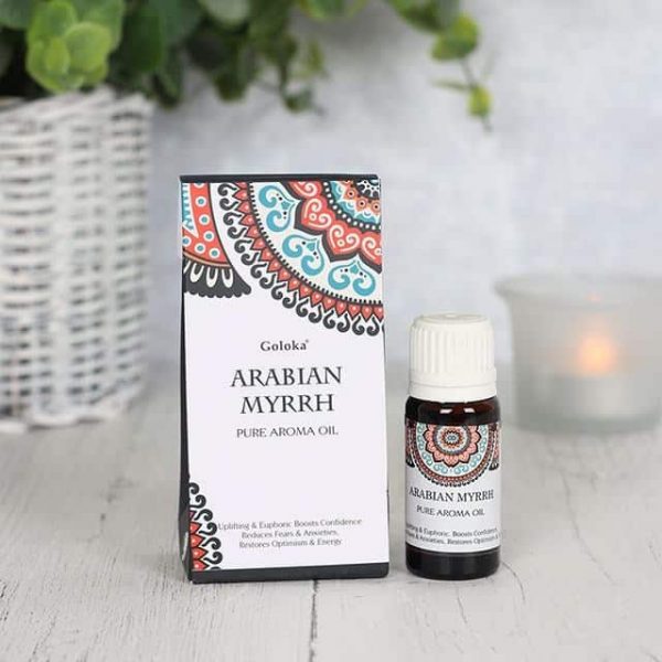 Arabian Myrrh Fragrance Oil by Goloka in 10ml size comes in a beautifully designed cardboard pouch.