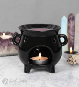 Ceramic Black Witches’ Cauldron Oil Burner & Wax Melter with candle
