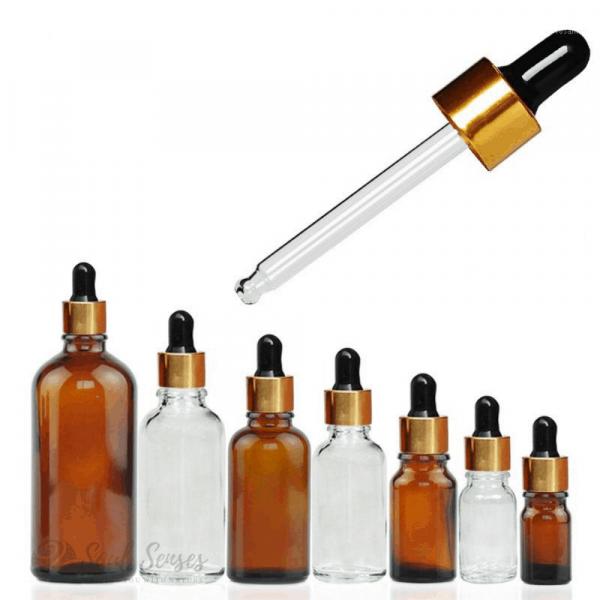 Glass Pipette Dropper with Gold Top and Black Silicone Bulb for Essential Oils